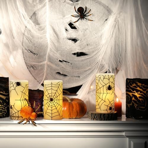 Spider Cobweb Halloween LED Flameless Pillar Candles with 6H Timer