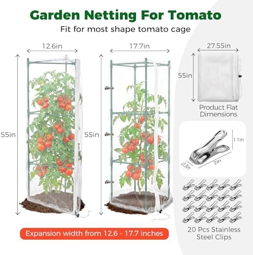 3Pcs Garden Bird Netting Plant Cover for Tomato Cage, 55" x 17.7" Insect Bird Barrier Tomato Cage Net with 20 Clips, Tomato Trellis Plant Netting Cover for Square Tomatoes Cages Plants Protection