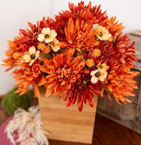 Ivydale Artificial Mums for Outdoors Fall Fake Flowers for Planters, 2 Bundles Faux Silk Chrysanthemum Bouquets, 24 Heads Flower with Long Stems for Wedding Party Home Decor