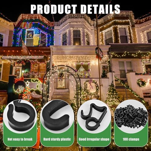 AccEncyc 100 Pcs Outdoor Light Clips Hooks for Gutter Hanging Outdoor Lights Christmas Village Accessories (Black)