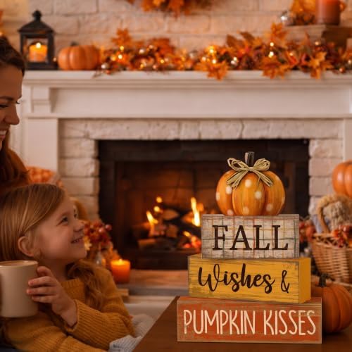 Moucuny 4 Pcs Fall Pumpkin Decor Fall Decorations for Home Wooden Pumpkin Decor Thanksgiving Table Centerpiece Rustic Autumn Stacked Block Signs Farmhouse for Harvest Party Home Kitchen