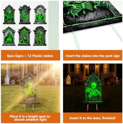 6Pc Halloween Glow in The Dark Skull Yard Signs Decorations Outdoor