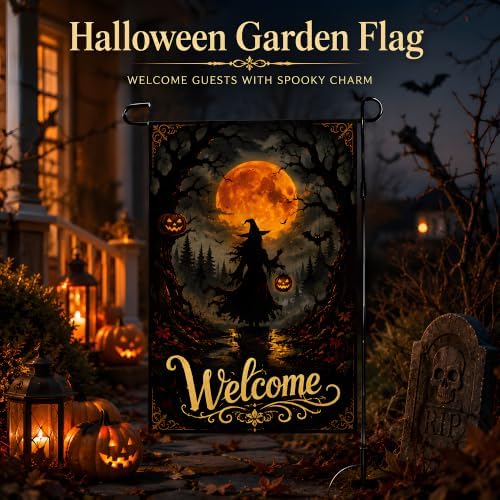 Halloween Decorations - Witch Full Moon Welcome Garden Flag for Outdoor