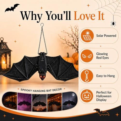 Goodeco Solar Hanging Bat - 19.7'' Large Outdoor Halloween Decor