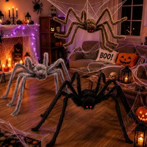 3 Pack 5 Ft Giant Halloween Spiders, Furry Spider Outdoor Decorations