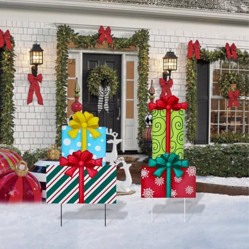 Afirst Christmas Yard Sign Stakes 4PCS Stacked Box Outdoor Decor