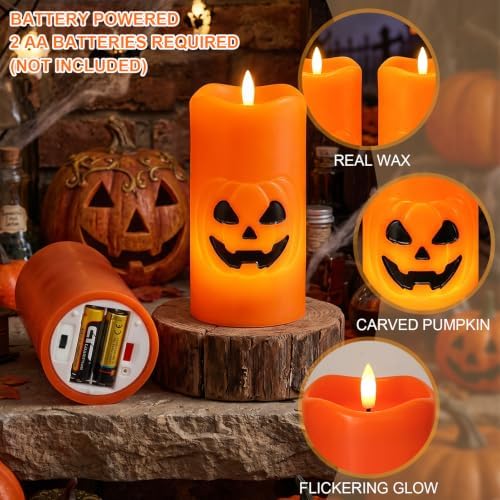 Halloween Pumpkin Flameless Pillar Candles with 6H Timer, 2PCS