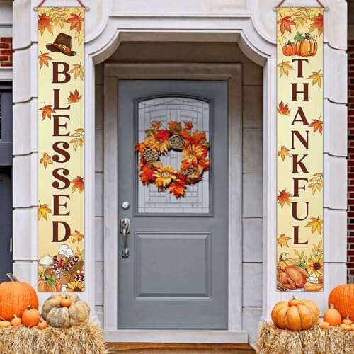 Thanksgiving Blessed Thankful Porch Banner Sign, Fall Harvest
