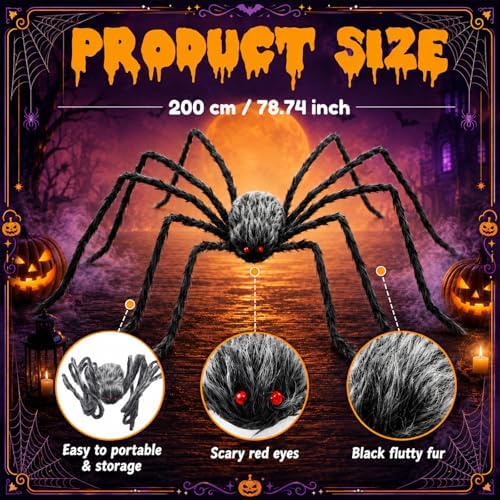 Blueweenly 6.5 ft Giant Spider Halloween Decorations Outdoor, Hairy Gray