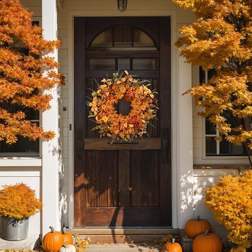 Artificial Fall Wreath 22 Inch Fall Wreaths for Front Door with Orange Berries Daisies Eucalyptus Leaves Autumn Door Wreaths for Thanksgiving Harvest Festival Wall Porch Farmhouse