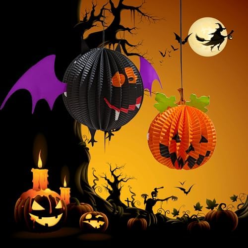 AIMI Halloween 3D Hanging Paper Lanterns 6 Pack Pumpkin Spider Ghost Bat