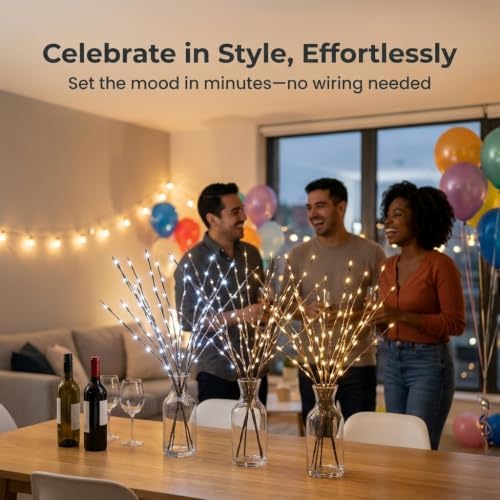 DK177 2Pack Warmlight + 2Pack Whitelight Led Branch Light Battery Operated Lighted Branch Vase Filler Willow Tree Artificial Little Twig Power Brown 30 Inch 20 LED for Home Decoration
