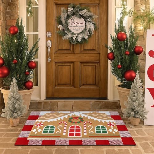 Tinideya 2 Pcs Gingerbread House Layered Doormat Set