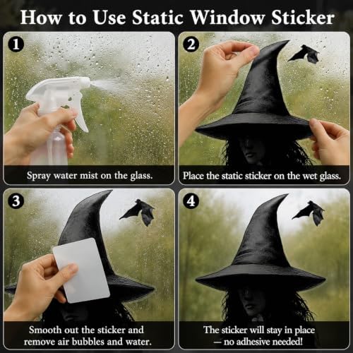 Halloween Window Clings, 3 Large Reusable Scary Witch Silhouette Window Clings & Bat Decals, Witches Silhouette Static Clings for Glass, Indoor Halloween Decorations for Home, School & Office