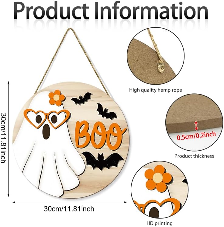 Halloween Boo Ghost Wooden Door Hanger Sign,Cute Ghost with Heart Glasses Flower Bat Round Front Door Wreath Decor,Spooky Farmhouse Wooden Hanging Sign for Home Porch Wall Halloween Party Decorations