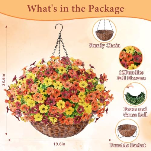 Yastouay 24 Bundles Fake Mums Fall Hanging Basket for Outdoor Decorations
