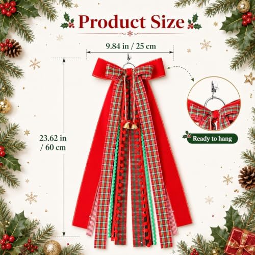 Riceshoot Wreath Ribbons for Front Door, Red Green Plaid Bow with Clip