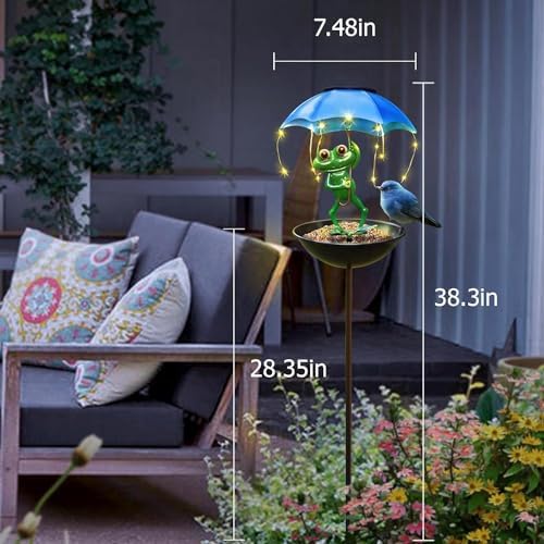 Solar Bird Feeder Frog Garden Decor, Outdoor Solar Lights Frog Figurine Lights with Umbrella, Hummingbird Feeder Decorative Path Lights Gardening Gifts for Women, Yard Art Ornament Bird Feeder