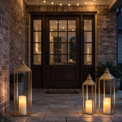 3 Pcs Large Gold Decorative Lanterns with Candles, Metal Candle Lantern