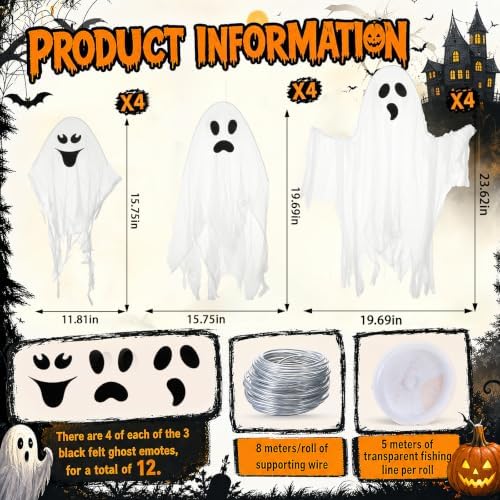 Irenare 12 Pcs Halloween Hanging Ghost Outdoor Decoration, 3 Sizes