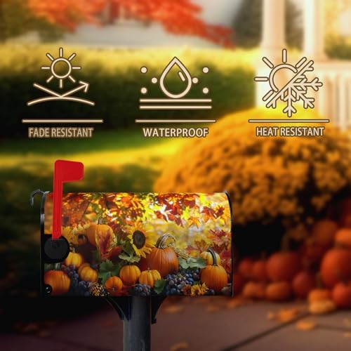 Fall Autumn Pumpkin Mailbox Cover Magnetic Large Size 25.5X21 Inch Harvest Maple Leaves Letter Box Cover Yellow Pumpkins Fall Mail Wraps Post Garden Decorations