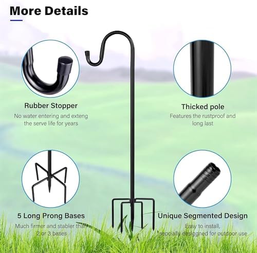 Shepherd Hooks for Outdoor, 1 Pack 94 Inch Bird Feeder Pole with 5 Prongs Base for Hanging Lantern, Hummingbird Feeder, Lightweight Plant, Shepherds Hook for Bird Feeders for Outside