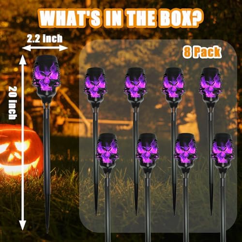 Halloween Solar Skull Stake Lights, Pathway Decor, 8 Pc, Purple