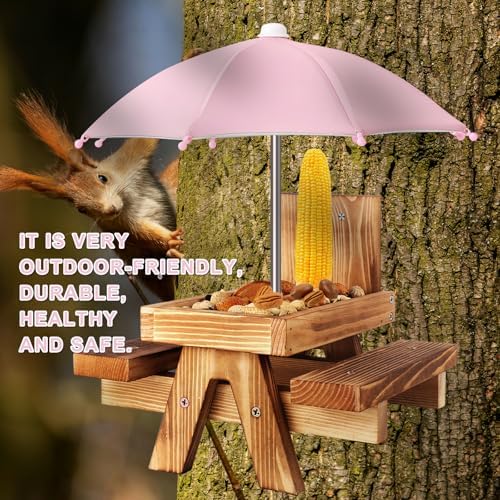 Gnodary Squirrel Feeder with Umbrella, Squirrel Feeders for Outside, Squirrel Picnic Table Feeder - Chipmunk Feeder Hold Corn, Corn Cob, Peanuts (Pink)