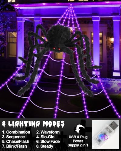 Brighter Spider Webs Halloween Decorations Lights,250 Purple LED Light Up,16.4Ft 8 Modes Giant Spiderweb with Remote Control,48'' Giant Spider,Waterproof & Timer,Halloween Decor for Outdoor