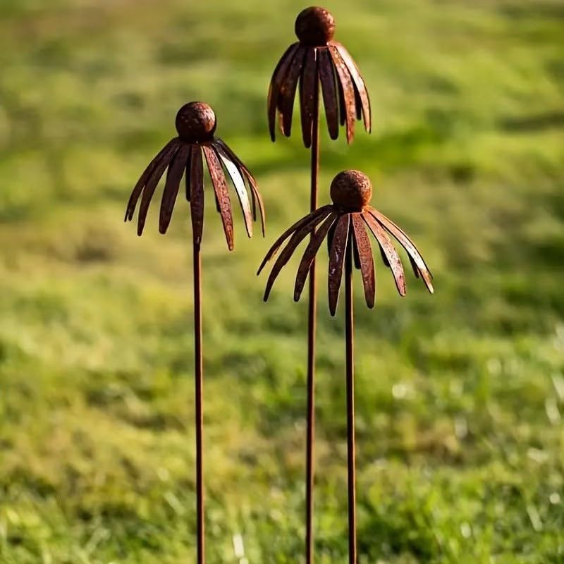 Rustic Metal Coneflower Garden Stakes, Set of 3, Rusted Iron Daisy Yard Art, 30.71x5.12 Inch, Weather-Resistant Lawn