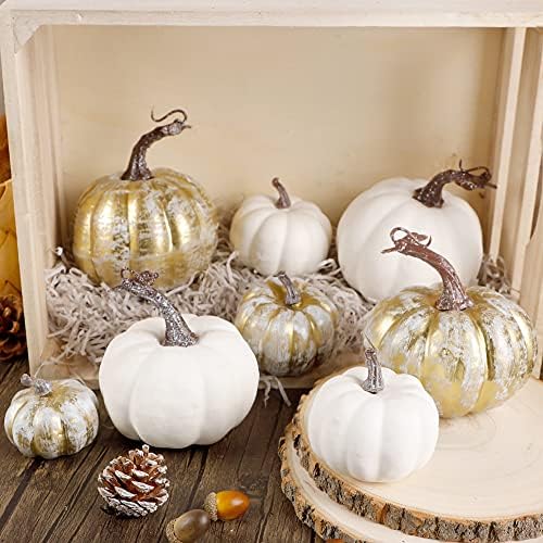 winemana 16 Pcs Golden and White Pumpkins Fall Decorations for Home