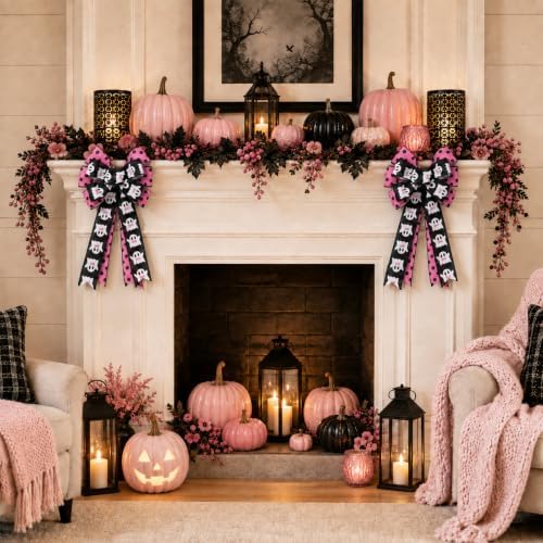 JarThenaAMCS Halloween Wreath Bow Ghost Boo Polka Dots Wired Edge Bow Pink Black Fabric Craft Bowknot for Front Door Tree Topper Indoor Outdoor Decor, 11 x 20.3 Inch