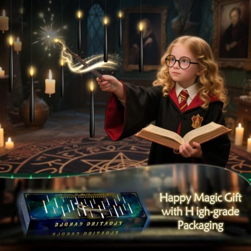 kakoya Flameless Floating Candles with Wand，12 Pcs Magic LED Hanging Taper Candles，Flickering Battery Operated Taper Candle with Wand Remote for Halloween Decorations Best Gift（Black）