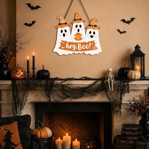 Halloween Ghost Door Sign, Wooden Hey Boo Hanging Wreath Pumpkin Door Decor