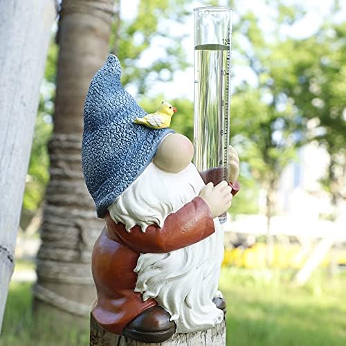 FORUP Resin Gnome Rain Gauge, Hand Painted Gnome Statue with Plastic Rain Gauge