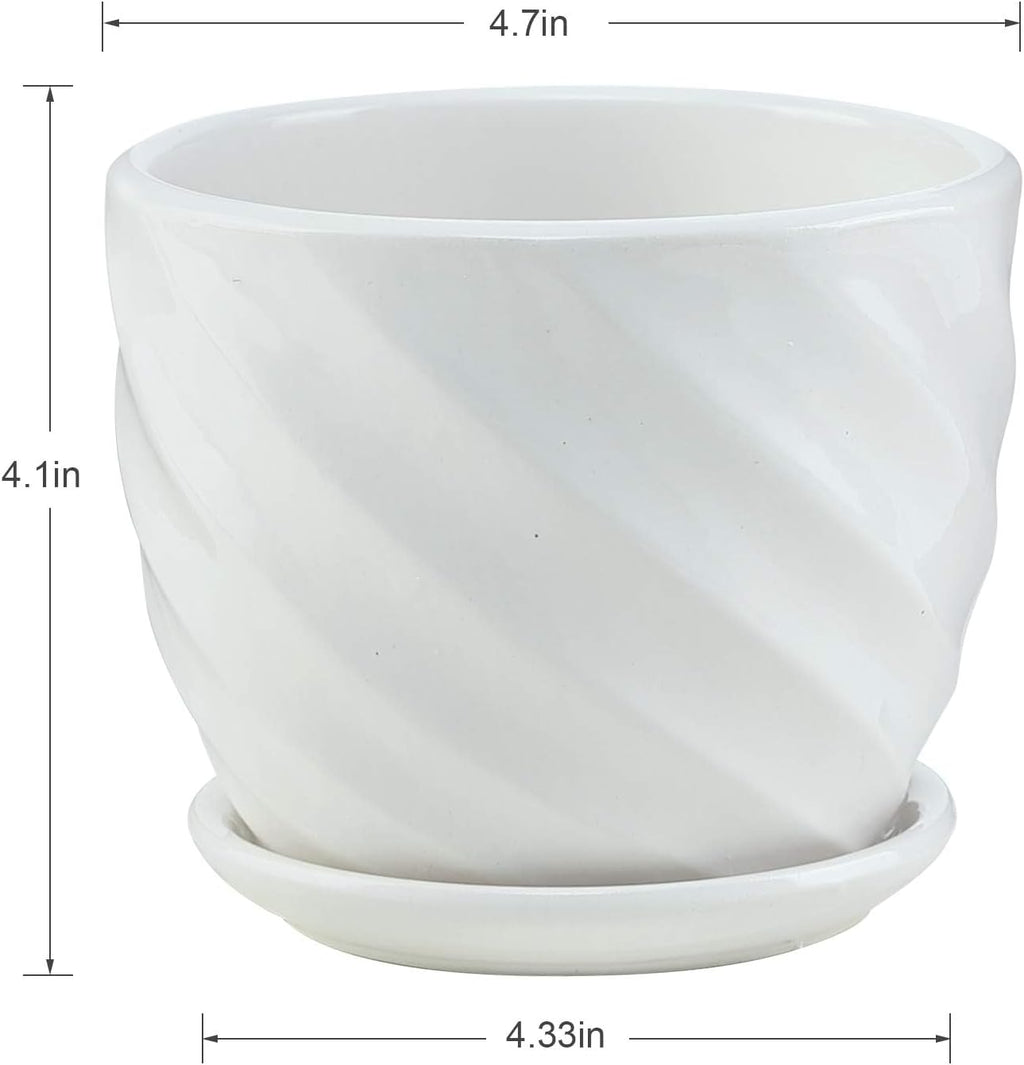 sietpoek 4.7” Ceramic Plant Pots with Drainage and Saucer 4PCs White | White Ceramic Flower Pots with Drainage Hole and