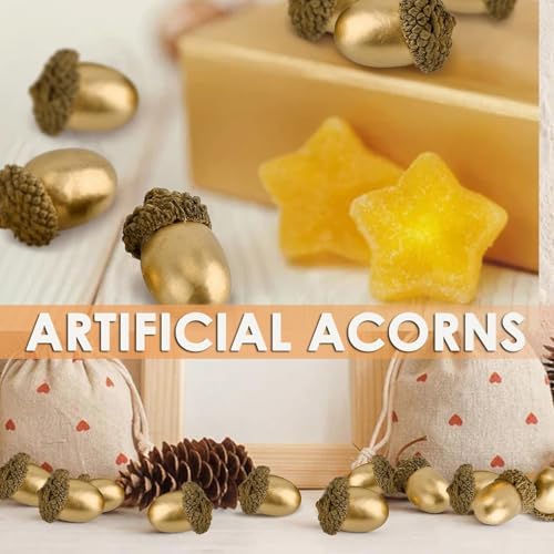 AKOAK 30 Pcs Artificial Acorns with Natural Acorn Cap, Lifelike Fake Oak Nut, Simulation Fruit Props for DIY Crafting, Wedding, House Decor Christmas Decoration Fall Table Scatter （Golden）