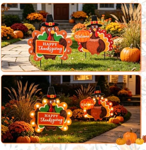 MUMTOP Thanksgiving Turkey Metal Garden Deocr Stake with LED Light Set of 2