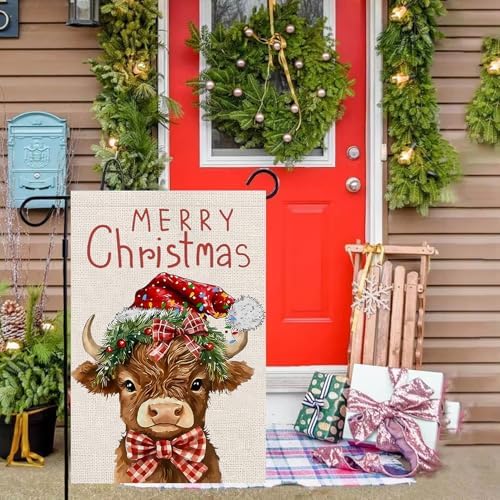 Merry Christmas Cow Garden Flags 12x18 Vertical Double Sided Outside, Highland Cow Yard Flag Outdoor Holiday Seasonal Winter Decorations for Home
