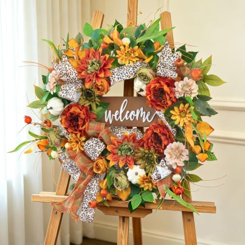 24 Inch Fall Wreaths for Front Door, Autumn Wreath with Welcome Sign