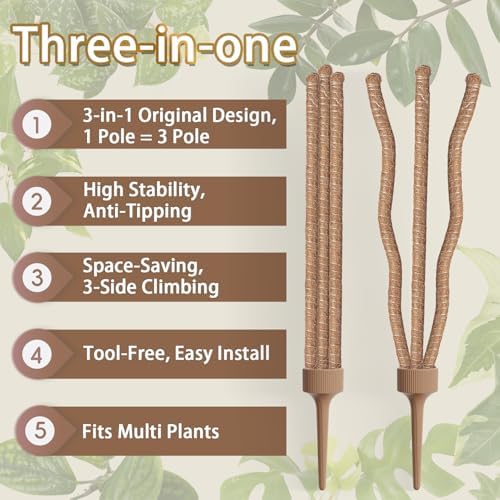 3 Moss Poles in 1, 30IN Tall Bendable Monstera Plant Support -1 Pack