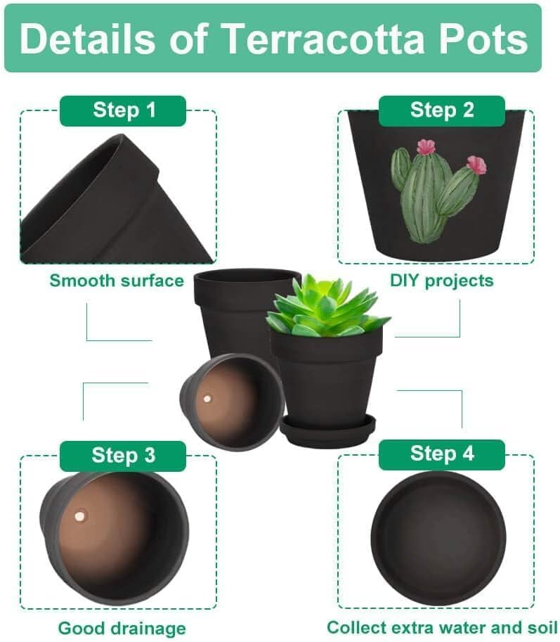 3 Inch Black Terracotta & Clay Pots with Saucer, 12 Pack | Clay Flowerpot with Drainage, Nursery pot for succulents