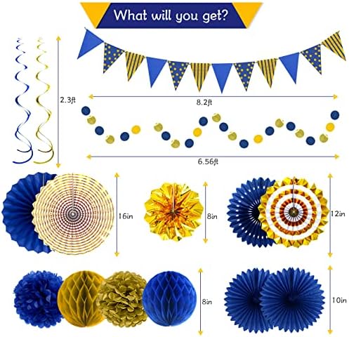 24 Pcs Blue Gold Party Decorations, Paper Fans Pom Poms Banner