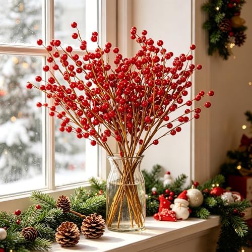 DR.DUDU 12 Red Holly Berry Stem Picks