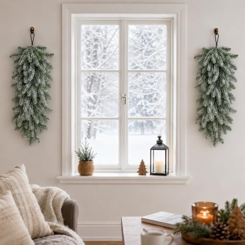 2 Pcs Extra-Long Snow Christmas Teardrop Swag, Artificial Frosted Door Swag