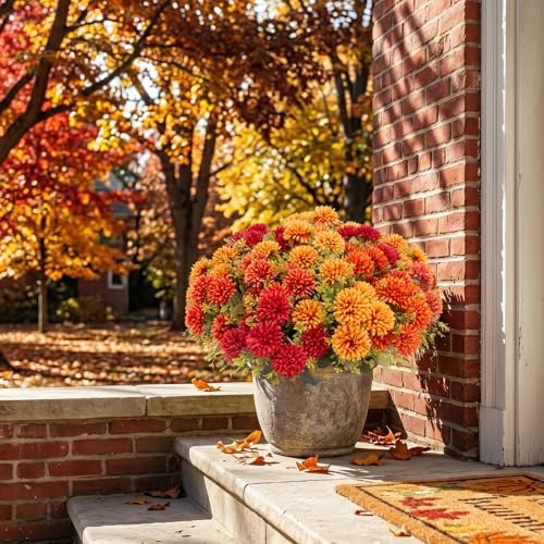 24 Pcs Artificial Mums Flowers for Outdoor, UV Resistant Fake fall Chrysanthemums Marigold Plant, Autumn Floral Arrangements for Outside, Garden, Yard (24, Orange, Burnt Orange, Red, Burgundy)