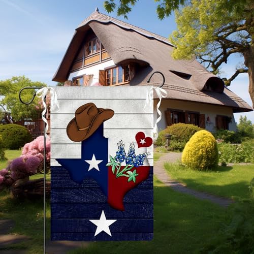 Texas Bluebonnet Garden Flag 12 x 18 Inch Texas Cowboy Hat Yard Flags Western Flags Double Sided Banners for Outdoor Yard Decor Souvenirs Gifts