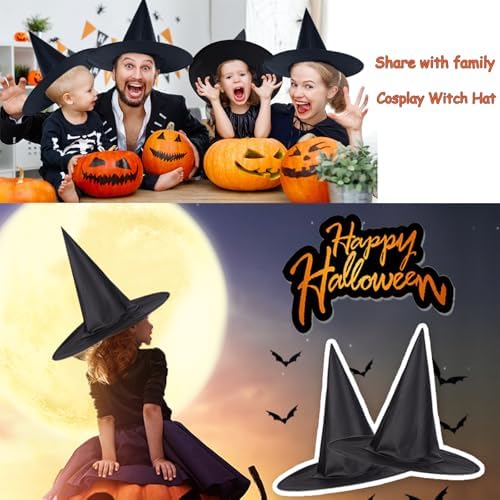 12pcs Halloween Witch Hats + 12pcs 3D Bats Stickers - Costume Accessories for Parties, Cosplay, Carnivals, Holidays