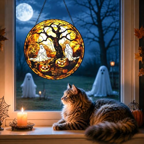 Ghosts Stained Glass Suncatcher Window Hanging Autumn Halloween Decoration