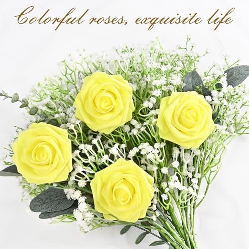 BLEUM CADE 16Pcs Artificial Flowers Fake Foam Roses with Stems for Wedding